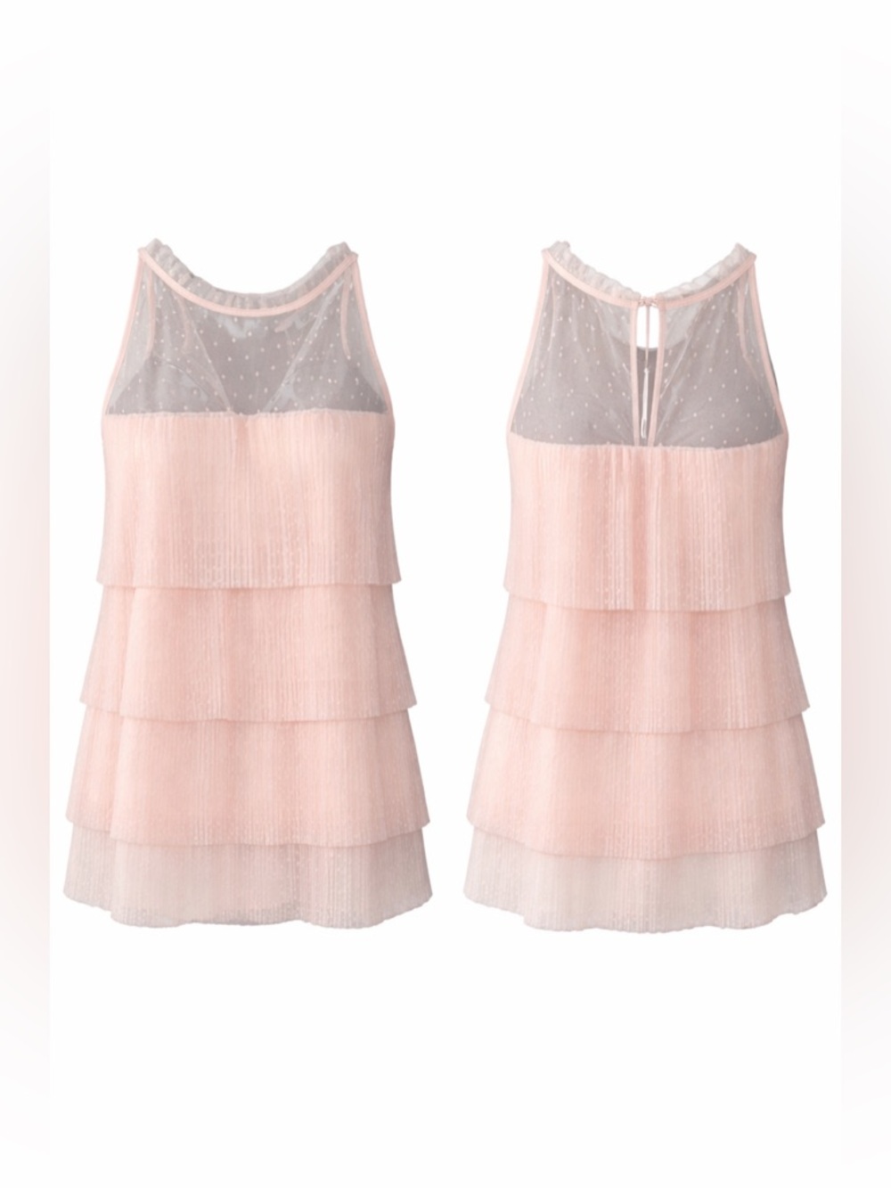DR2 Pink Tiered Pleated Tank Top Halter Polka Dot Chiffon High Neck Keyhole - Picture 2 of 3